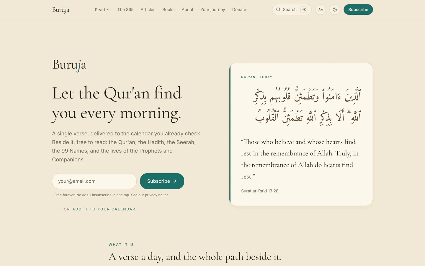 The Buruja home page: the headline reads Let the Qur'an find you every morning, beside a card showing the verse of the day in Arabic with its English translation and reference.