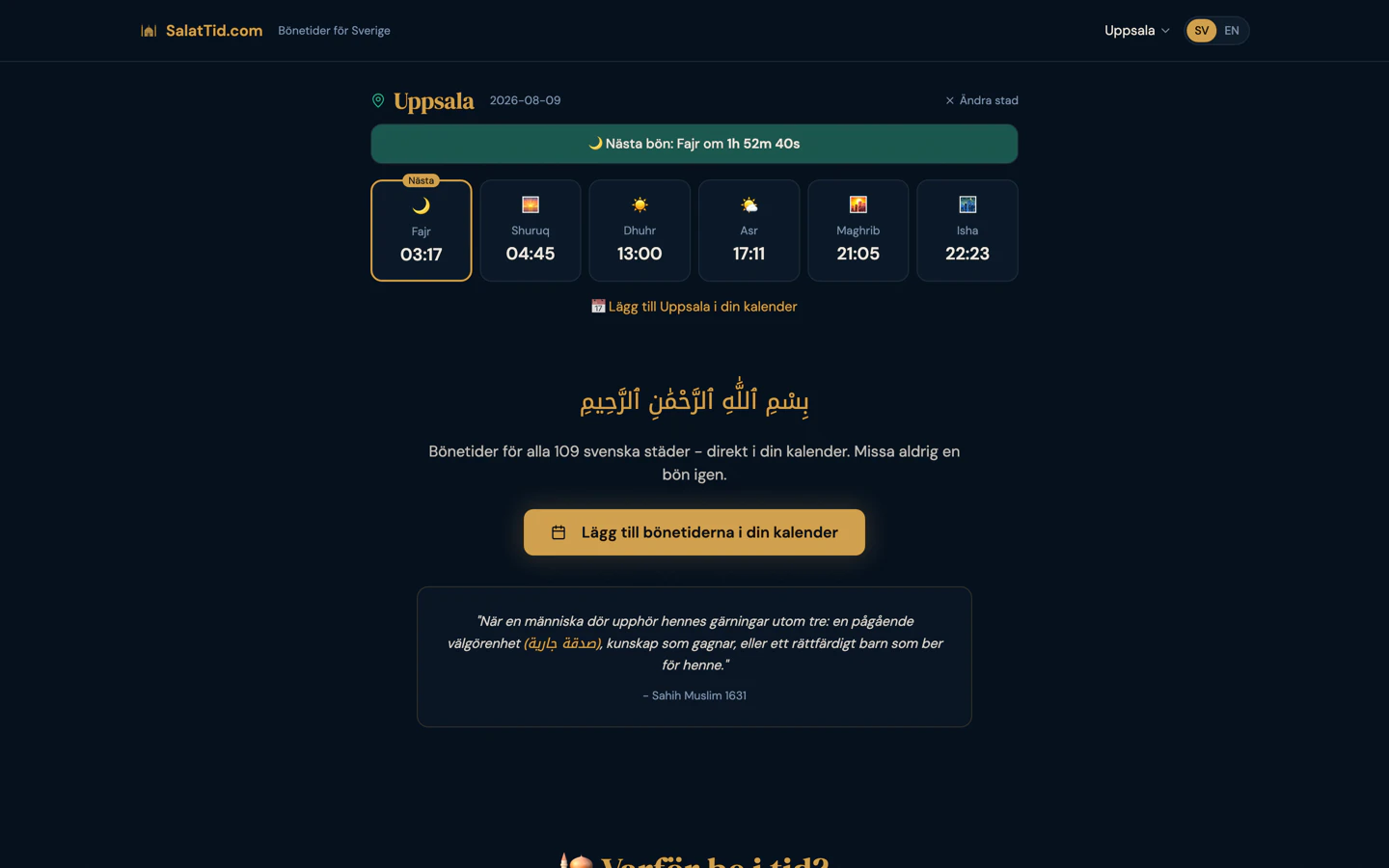 The Salattid home page showing prayer times for Uppsala: a countdown to the next prayer, then Fajr, Shuruq, Dhuhr, Asr, Maghrib and Isha as separate cards, with a button to add the times to a calendar.